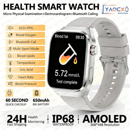 2026 New Nursing Grade Uric Acid Blood Lipids Smart Watch Men ECG+PPG Blood Pressure Heart Rate Bluetooth Call Health Smartwatch
