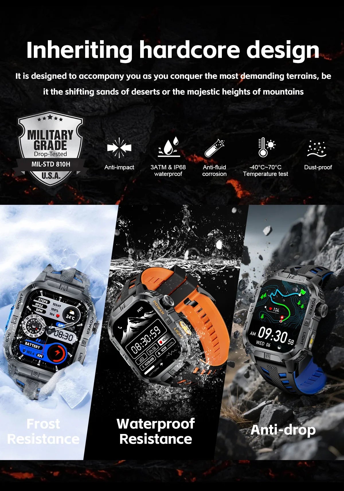 New Military Grade Smart Watch Men 2.01" AMOLED Screen Flashlight 5ATM Waterproof Swim Sports Fitness Tracker Call Smartwatches