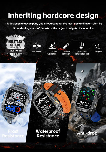 New Military Grade Smart Watch Men 2.01" AMOLED Screen Flashlight 5ATM Waterproof Swim Sports Fitness Tracker Call Smartwatches