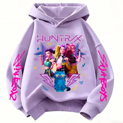 Anime Huntrx Three Girls Graphic Hoodies Kids Fashion Purple Pullover Sweatshirt For Girls
