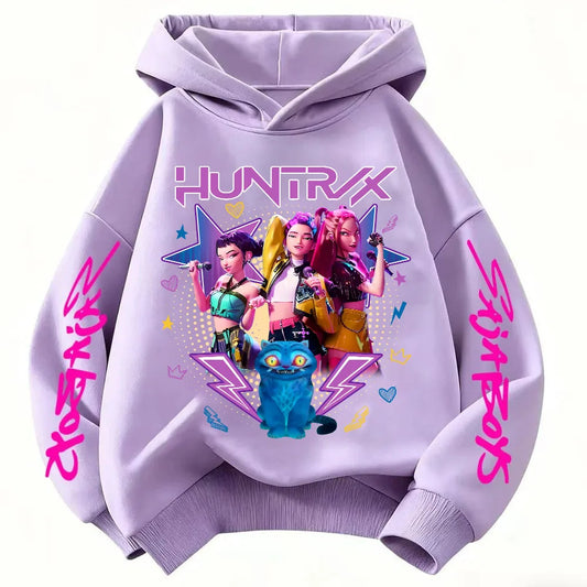 Anime Huntrx Three Girls Graphic Hoodies Kids Fashion Purple Pullover Sweatshirt For Girls