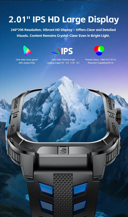 New Military Grade Smart Watch Men 2.01" AMOLED Screen Flashlight 5ATM Waterproof Swim Sports Fitness Tracker Call Smartwatches