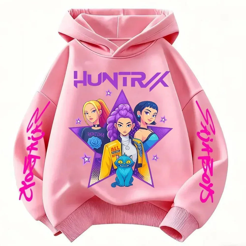 Anime Huntrx Three Girls Graphic Hoodies Kids Fashion Purple Pullover Sweatshirt For Girls