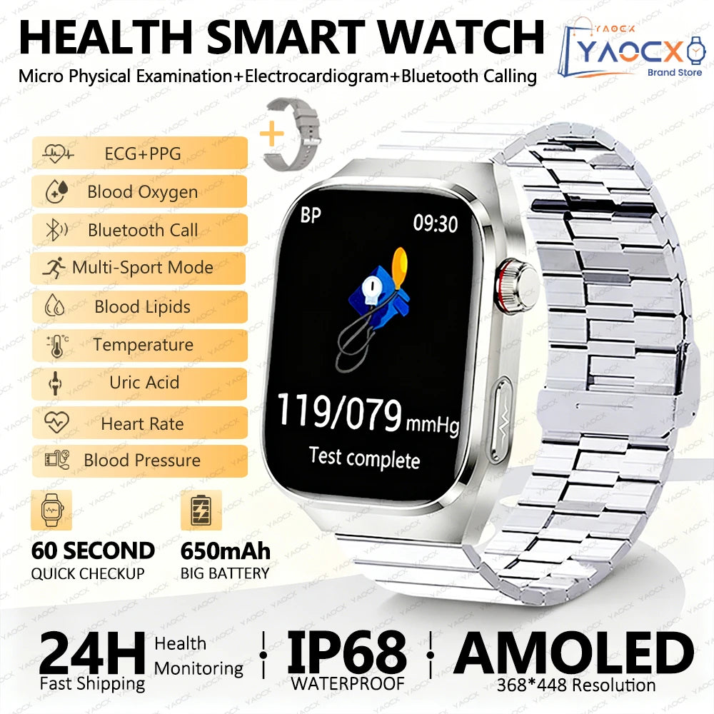 2026 New Nursing Grade Uric Acid Blood Lipids Smart Watch Men ECG+PPG Blood Pressure Heart Rate Bluetooth Call Health Smartwatch
