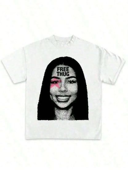 2026 Spring Summer Unisex Hip Hop Graphic Tee, Fashion New Arrival Clothing, Soft Cotton Crewneck Short Sleeve, Mariah Scientist Rapper Free Thugs Letter Print, Retro Rap Aesthetic Daily Casual Loungewear, Novelty Fan Gift To