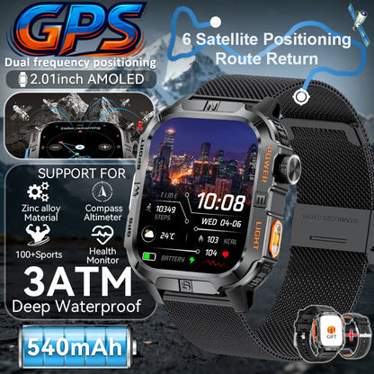 New Military Grade Smart Watch Men 2.01" AMOLED Screen Flashlight 5ATM Waterproof Swim Sports Fitness Tracker Call Smartwatches