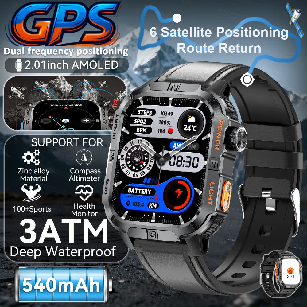 New Military Grade Smart Watch Men 2.01" AMOLED Screen Flashlight 5ATM Waterproof Swim Sports Fitness Tracker Call Smartwatches