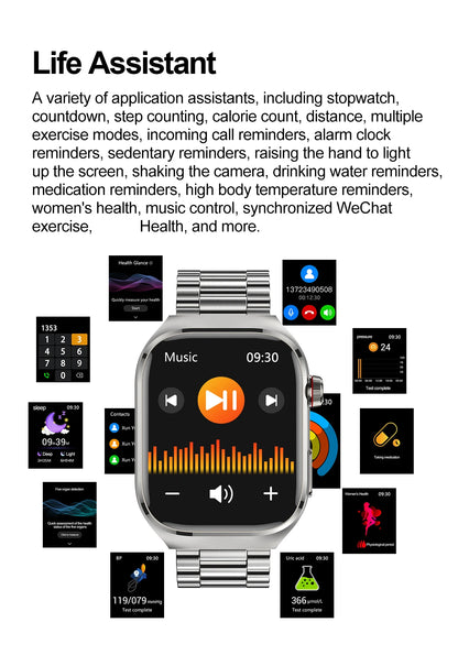 2026 New Nursing Grade Uric Acid Blood Lipids Smart Watch Men ECG+PPG Blood Pressure Heart Rate Bluetooth Call Health Smartwatch