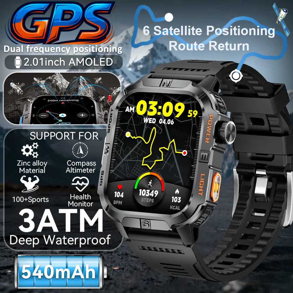 New Military Grade Smart Watch Men 2.01" AMOLED Screen Flashlight 5ATM Waterproof Swim Sports Fitness Tracker Call Smartwatches